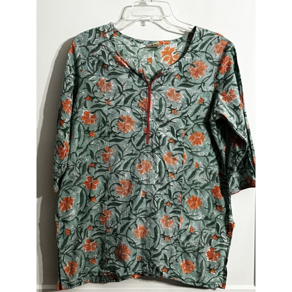 Primp Floral tunic Green Sz L Cotton Yoga Summer Gorpcore Casual Comfort